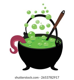 Cartoon Halloween caldeirão bruxa, poção verde com tentáculo em pote mágico. Caldeira de aço com fervura de cerveja ou vapor goo. Colher mexendo a poção borbulhante. Para feiticeiro, feiticeira ou mago, chaleira 