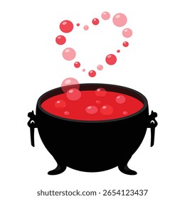 Cartoon Halloween caldeirão bruxa, pote mágico com poção de amor isolado no fundo branco. Caldeira de aço com elixir de amor mágico fervente. Para feiticeira ou mago, chaleira com veneno
