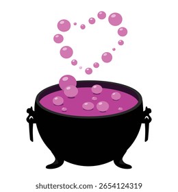 Cartoon Halloween caldeirão bruxa, pote mágico com poção de amor isolado no fundo branco. Caldeira de aço com elixir de amor mágico fervente. Para feiticeira ou mago, chaleira com veneno