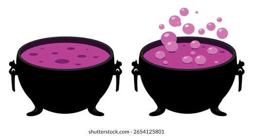 Cartoon Halloween witch cauldron, magic pot with purple potion isolated on white background. Steel boiler with boiling magic brew or steaming goo. For wizard, sorceress or mage, kettle with poison