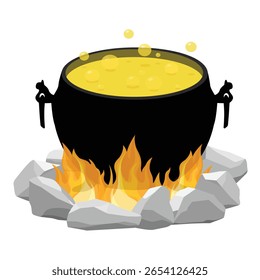 Cartoon Halloween witch cauldron, magic pot with yellow potion. Steel boiler with boiling brew or steaming goo. Spoon stirring the bubbling potion. For wizard, sorceress or mage, kettle with poison