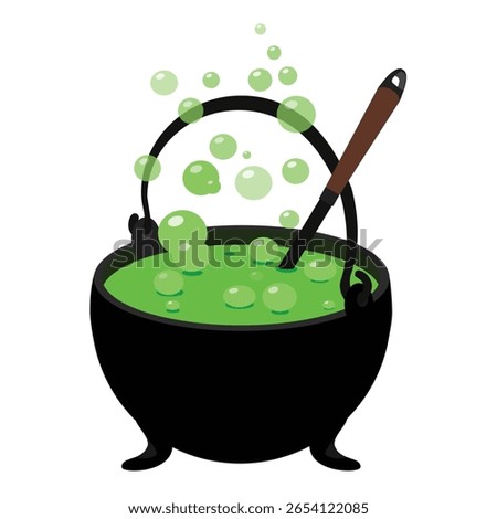 Cartoon Halloween witch cauldron, magic pot with green potion. Steel boiler with boiling brew or steaming goo. Spoon stirring the bubbling potion. For wizard, sorceress or mage, kettle with poison