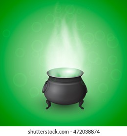 Cartoon Halloween witch cauldron with potion and realistic flames on green background with bubbles. Black pot with bubbling magic brew. Vector illustration.