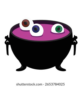 Cartoon Halloween witch cauldron, purple potion with eyeballs in magic pot isolated on white background. Boiler with boiling magic brew or steaming goo. Wizard, sorceress or mage, kettle with poison