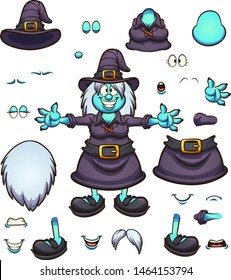 Cartoon Halloween witch character with different body parts and expressions, ready for animation. Vector illustration with simple gradients. Some elements on separate layers. 
