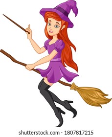 Cartoon Halloween witch girl flying on broom