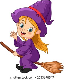 Cartoon Halloween witch girl flying on broom