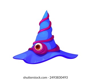 Sombrero de bruja de Halloween con el globo ocular del monstruo del horror. Vector sombrero mágico o gorra de mago malvado, mago, bruja o bruja. Halloween truco de vacaciones o trato noche fiesta espeluznante elemento de disfraz