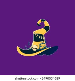 Cartoon Halloween witch hat. Isolated vector magician headwear with black and yellow stripes. Wizard cap with creepy skull as buckle, tree branches, teeth beads and curve crown, epitome of mystique