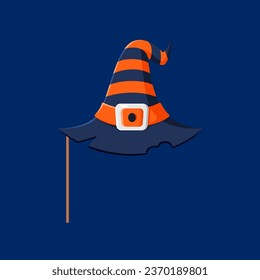 Cartoon Halloween witch hat photo booth mask and props. Isolated vector whimsical accessory, striped wizard cap with wide brim and buckle, perfect for capturing fun and spooky moments on festive night