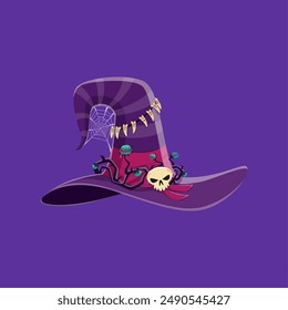 Cartoon Halloween witch hat, pointed and purple, with a wide brim and stripes, adorned in spooky style with spiderweb, teeth, skull and creepy plant. Vector accessory for a wickedly enchanting costume