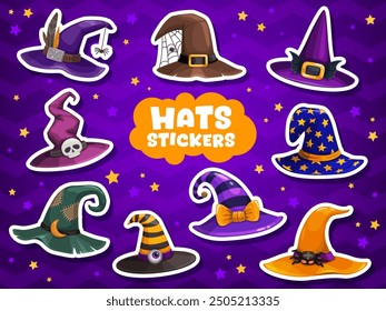 Etiquetas engomadas del sombrero de la bruja de Halloween de la historieta para el día de fiesta de la noche del horror, iconos del vector. Pegatinas de Halloween de sombreros de bruja con hebilla de cráneo, araña en telaraña y murciélagos, estrellas y ojo de monstruo en patrón de parches