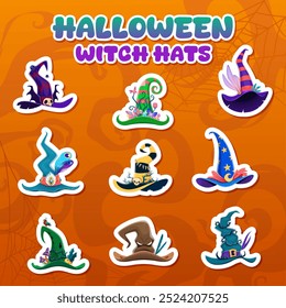 Etiquetas engomadas del sombrero de la bruja de Halloween de la historieta para los iconos divertidos del día de fiesta, decoraciones de la noche del horror del Vector. Pegatinas de Halloween de sombreros de bruja con hebillas monstruosas extrañas, cráneo y taburete mágico con plumas