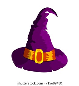 Cartoon Halloween witch hat wizard holiday magic cap costume fantasy october autumn witchcraft vector illustration. Scary magical wear spooky traditional party witchhat accessory.