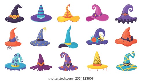 Sombreros de bruja de halloween de dibujos animados. Sombrero de mago aislado, accesorios de cabeza de mundo mágico con calabazas de decoración y arañas. Festival de otoño Elementos de Vector neoterico