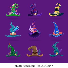 Cartoon Halloween witch hats, pointed and mysterious, adorned with twisted brims, feathers, skulls, plants and colorful hues, casting an enchanting aura. Vector hag caps, symbols of magic and spells