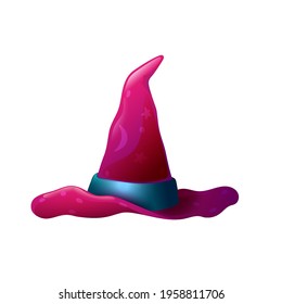 Cartoon Halloween Witch Magic Hat with Strap and Patterns. Isolated Magician Witchcraft Accessory. Pink, Purple and Old. Decorative Element in Fat Style. 