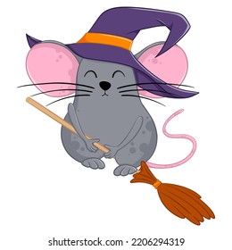 Cartoon halloween witch mouse. Funny illustration. Isolated.