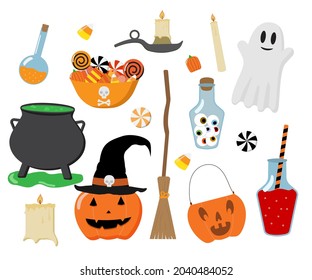 Cartoon Halloween and witchcraft elements set. Isolated on white background. Vector illustration. Great for prints, cards, invitations.