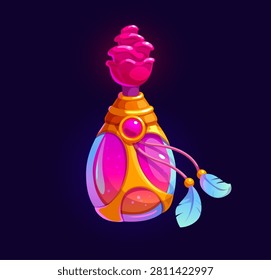 Cartoon Halloween witchcraft potion bottle, alchemy spell elixir of love. Magic essence, love and romance spell cartoon vector potion bottle or vial with pink glass, golden casing and rose flower cork