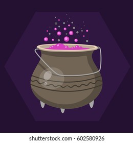 Cartoon halloween witches cauldron with pink bubbling cooking art magic pot and brew design holiday party potion vector illustration.