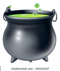 Cartoon Halloween witch's cauldron with green bubbling witch's brew in it