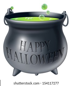 Cartoon Halloween witch's cauldron with green bubbling witch's brew in it and a message reading Happy Halloween