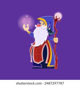 Cartoon Halloween wizard character. Old magician with staff casting spell. Merlin or Dumbledore fairytale personage with long white beard, wear long robe, pointed hat and raven sitting on shoulder