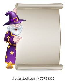 A cartoon Halloween wizard character peeking around a scroll sign and pointing 