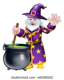 A cartoon Halloween wizard character stirring a cauldron and waving