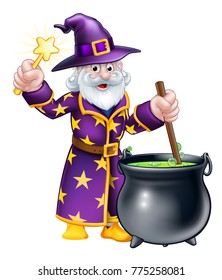 A cartoon Halloween wizard character stirring a cauldron and waving a magic wand