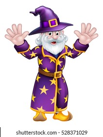 A cartoon Halloween wizard character waving with both hands