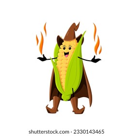 Cartoon Halloween wizard corn cob character. Quirky maize vegetable personage wear pointy hat, with magic fires and mischievous expression, ready to cast spells and add whimsy to spooky celebration