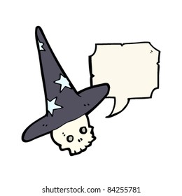 cartoon halloween wizard skull with speech bubble