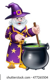 A cartoon Halloween wizard stirring a cauldron and pointing