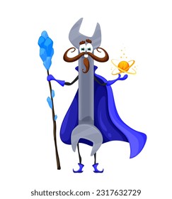 Cartoon Halloween wrench tool wizard character. Diy instrument hold staff and power ball. Vector funny smiling construction or fixing instrument personage dressed in warlock robe on holiday party