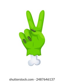 Cartoon Halloween zombi hand emoji. October celebration spooky monster palm sticker, Halloween festive or autumn season holiday scary smartphone emoji vector icon or zombi hand shoving victory gesture