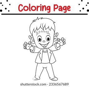 Cartoon Halloween zombie kid character. Halloween coloring page for children. Black and white vector illustration for coloring book