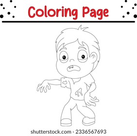 Cartoon Halloween zombie kid character. Halloween coloring page for children. Black and white vector illustration for coloring book