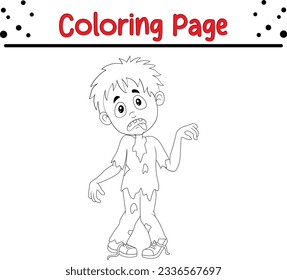 Cartoon Halloween zombie kid character. Halloween coloring page for children. Black and white vector illustration for coloring book