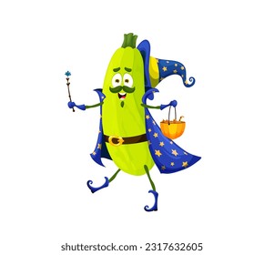 Cartoon Halloween zucchini wizard character. Isolated vector vegetable warlock personage wear sorcerer hat and cape carrying pumpkin bucket for sweets and wand. Mystical veggies trick or treat candies