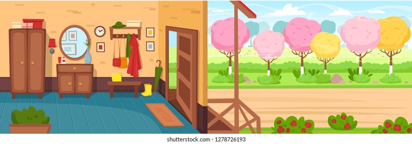 Cartoon hallway background. Panorama with the open door, wardrobe, chest of drawers, mirror, coat rack with clothes, umbrella. The road  with blossoming trees in spring. Vector illustration in cartoon