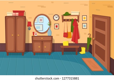 Cartoon hallway background. Panorama with stairs, doors, wardrobe, chest of drawers, mirror, coat rack with clothes, umbrella.Vector illustration in cartoon flat style.