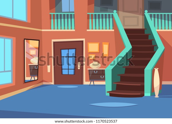 漫画の廊下 階段と鏡の付いた家の玄関の内部 カートーンの屋内のベクター画像の背景 廊下の内部 窓イラストとホームアパート のベクター画像素材 ロイヤリティフリー