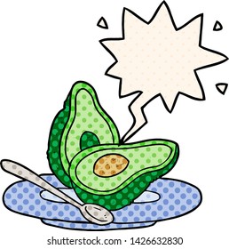 Cartoon halbierte Avocado mit Sprachblase im Comicstil