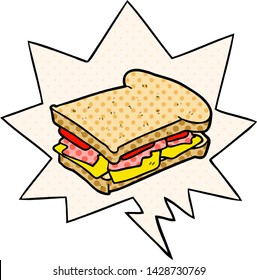 Cartoon Ham Cheese Tomato Sandwich With Speech Bubble In Comic Book Style