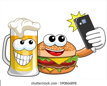 Cartoon hamburger and beer characters taking selfie with smartphone isolated