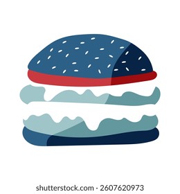 A cartoon hamburger with a blue bun and a red and white patty. The burger is sitting on a white background
