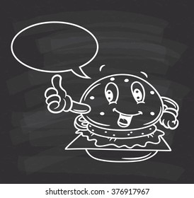 cartoon hamburger with bubble speech on chalkboard  background