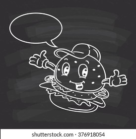 cartoon hamburger with bubble speech on chalkboard  background